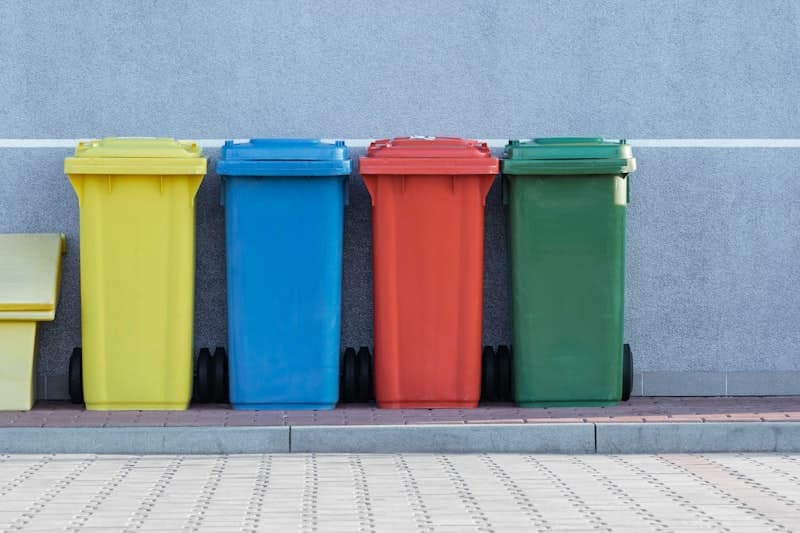 Recycling and e-waste disposal concept with bins